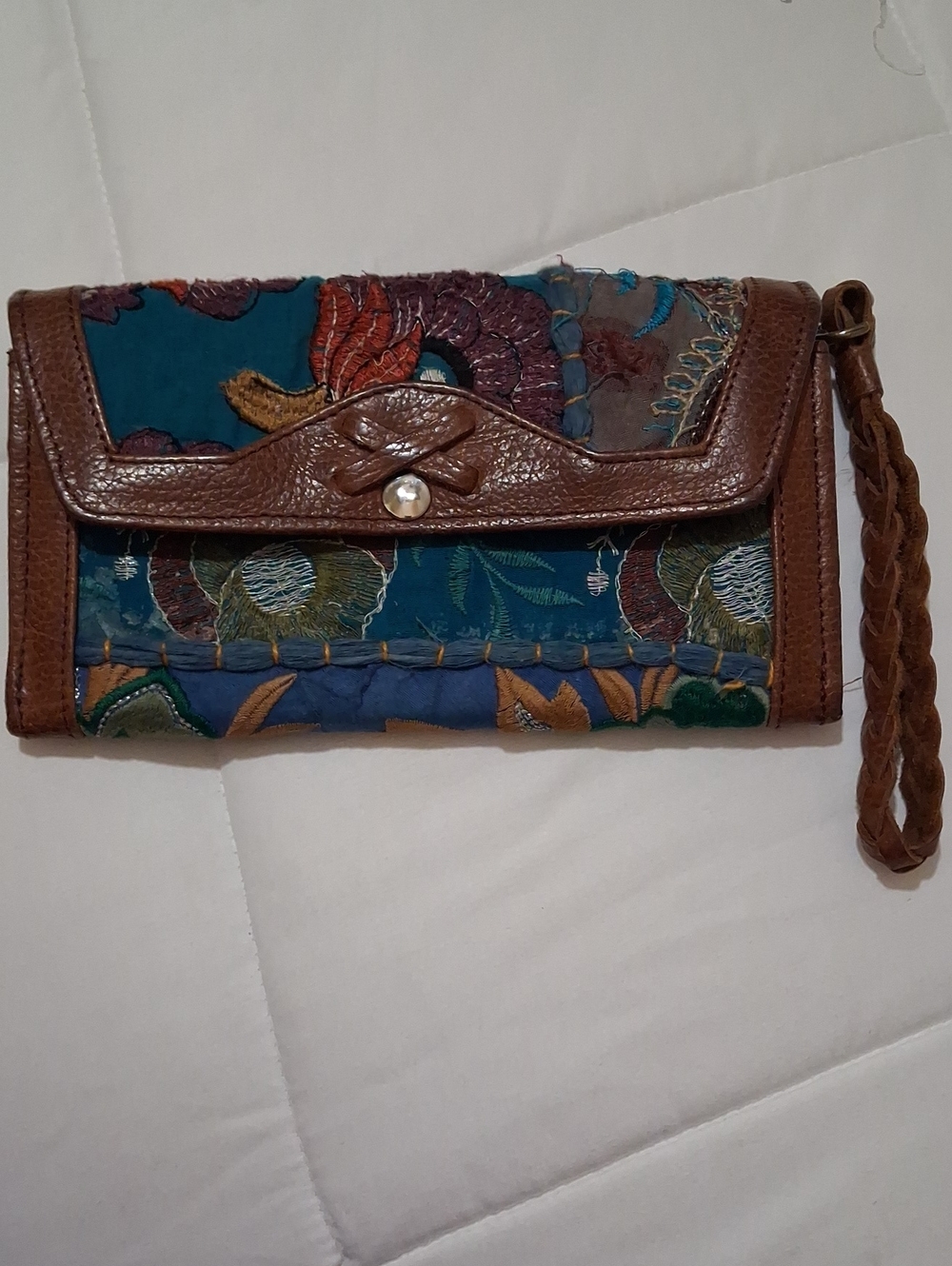 NoondayTeal Floral Embroidered Wristlet Clutch - Brown Leather Trim